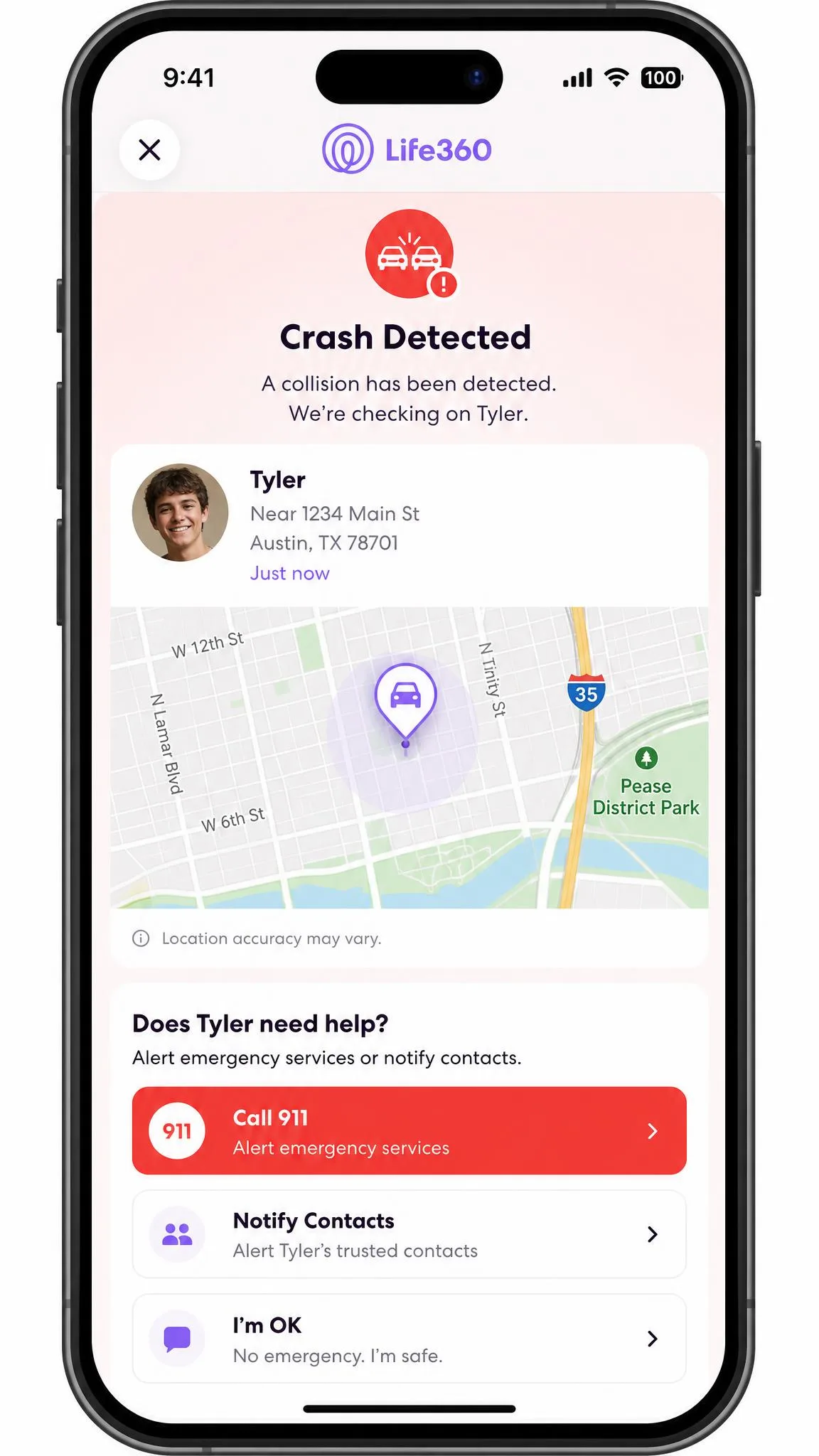A Life360 crash detection alert on a phone showing a detected collision with the driver's location on a map and emergency response options.