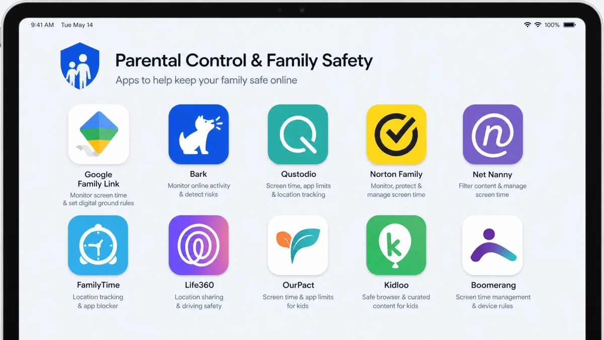 A grid of parental control and family safety app icons including Google Family Link and Bark shown as alternatives on a tablet screen.