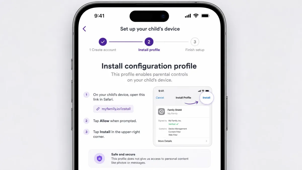A phone screen mid-setup for a parental control app, showing the step to install a configuration profile on a child's device with an Install button highlighted.