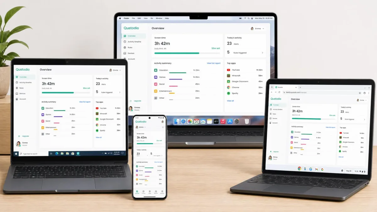 Qustodio running across multiple device types laid out together, a Windows laptop, a Mac, an Android phone, and a Chromebook, all showing the same dashboard.