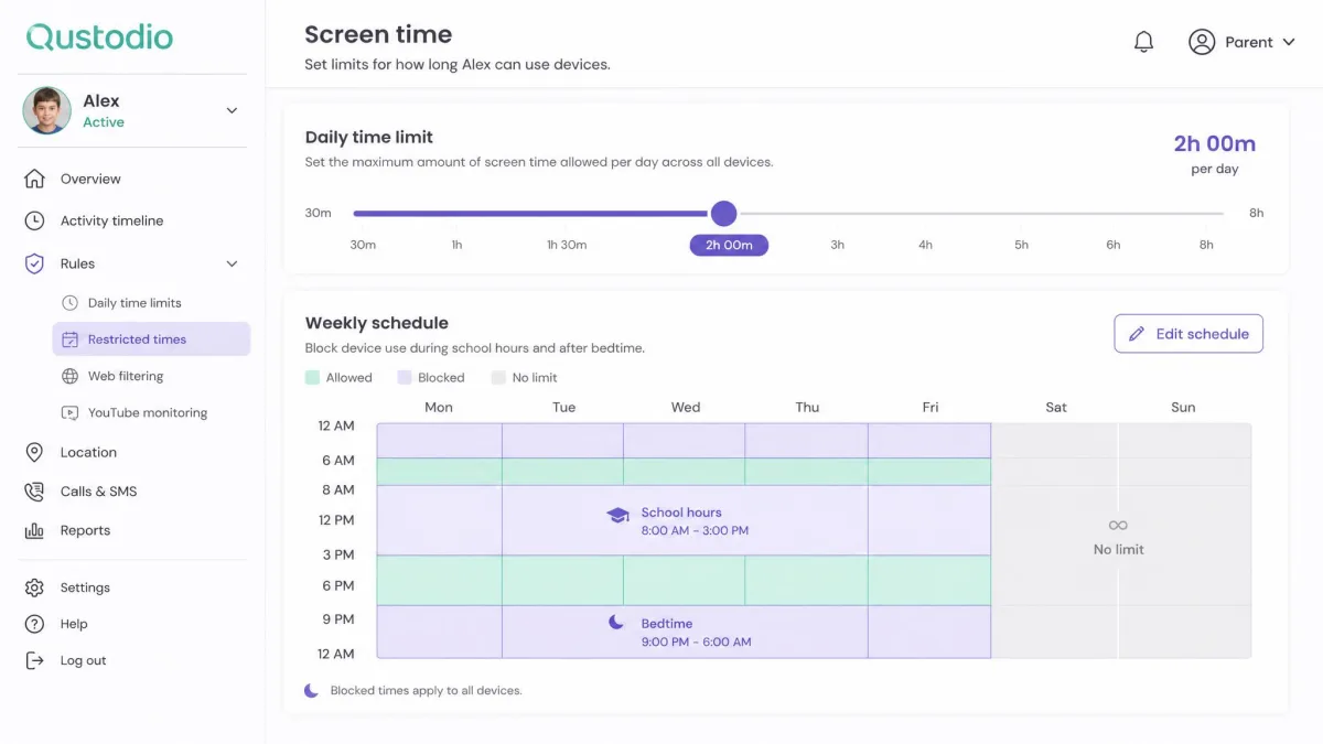 Qustodio's screen-time settings screen showing a daily time limit slider and a weekly schedule grid blocking device use during school hours and after bedtime.
