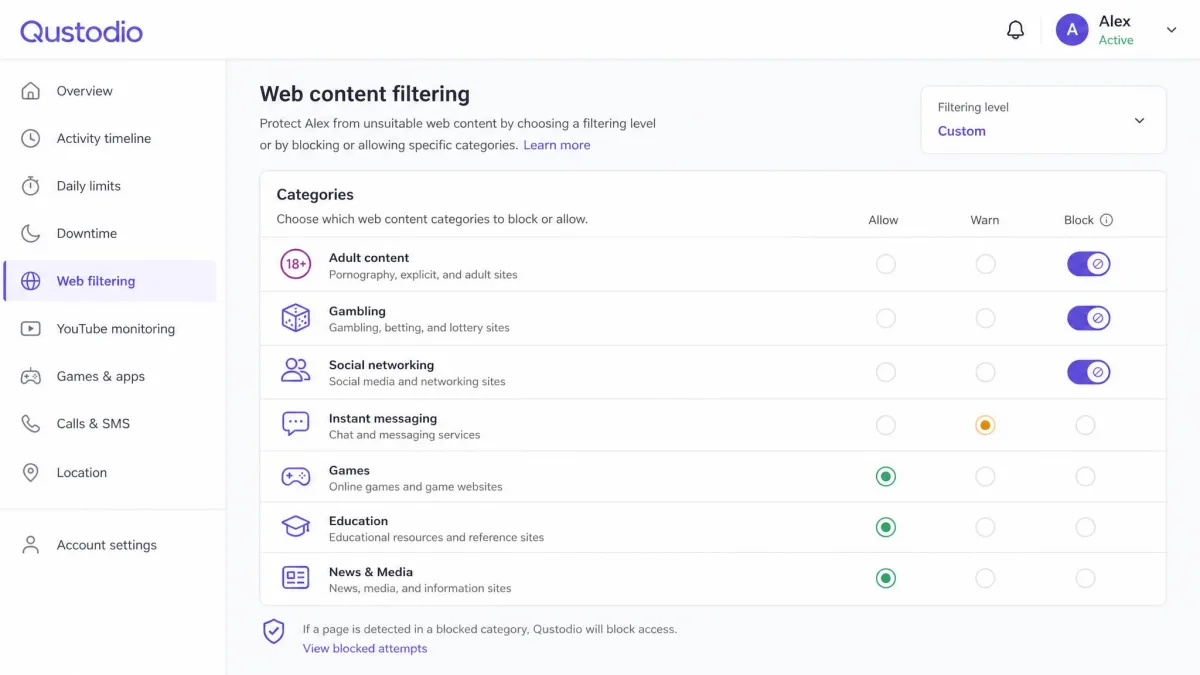 Qustodio's web content filtering settings screen showing category toggles for adult content, gambling, and social networking, with several categories switched to blocked.