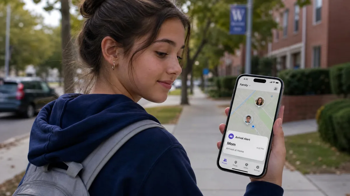 A teenager glancing at a family location app on a smartphone while walking, with a parent's arrival alert notification visible on the screen.
