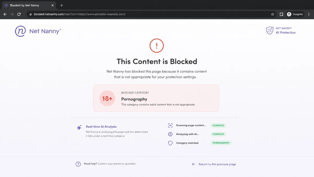 Net Nanny's block page appearing in a browser as its real-time AI analyzes an adult content site, showing the blocked notice and the category it was flagged under.
