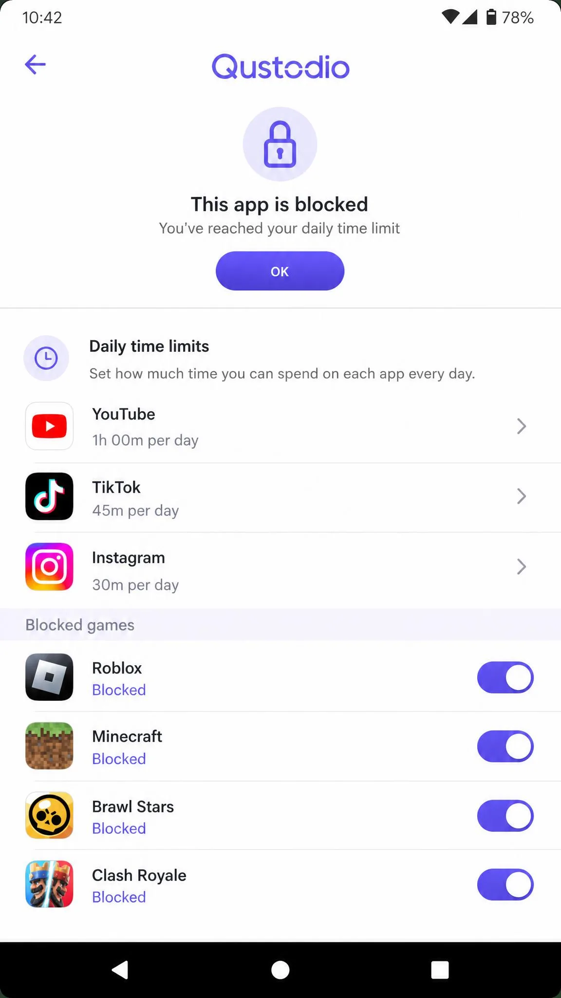 Qustodio's app blocking screen on an Android phone showing a list of installed apps with individual daily time limits and toggle switches for blocked games.