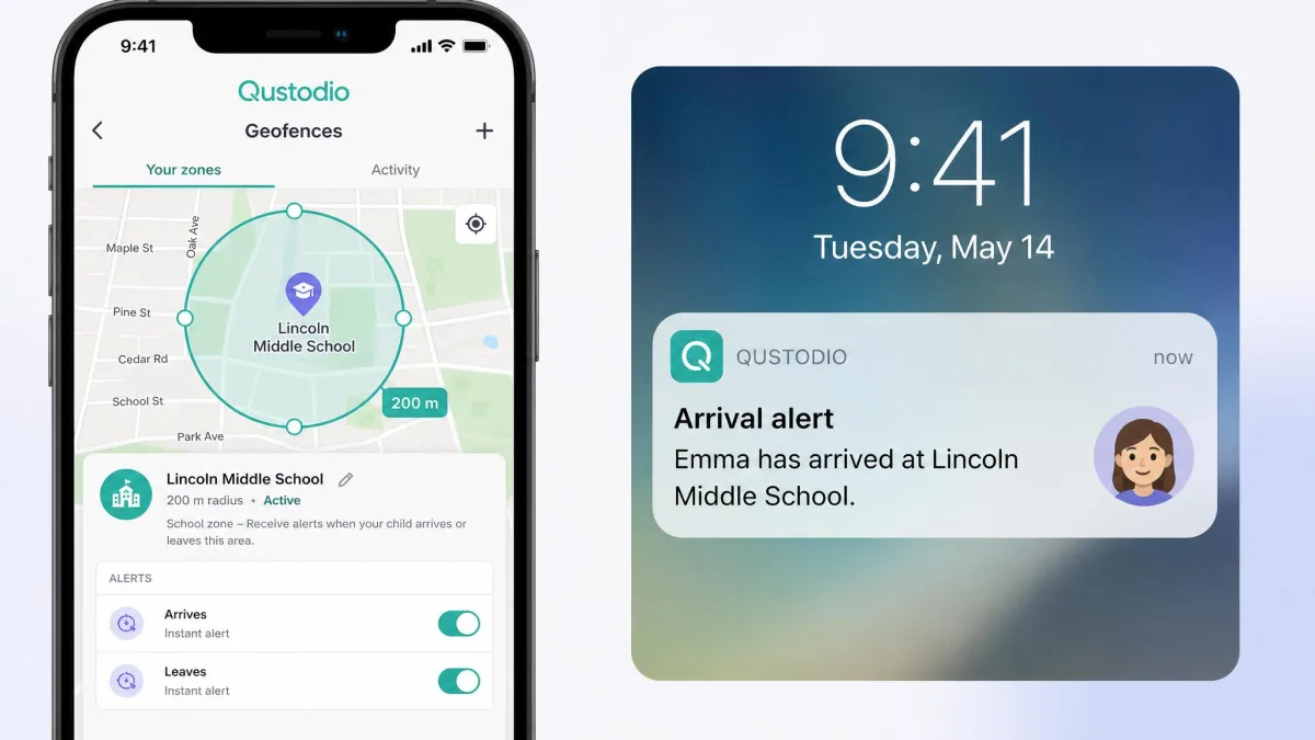 Qustodio's geofencing setup on a phone showing a circular zone drawn around a school on a map, with an arrival alert notification for the child's device.