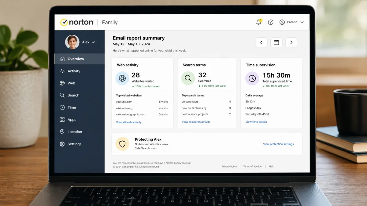 Norton Family parent dashboard on a laptop showing a weekly email report summary with web activity, search terms, and time supervision totals for a child profile.