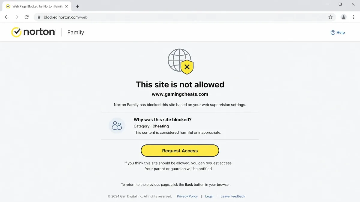 Norton Family web supervision block page shown in a browser after a child tries to open a filtered site, with a request-access button and the category reason listed.