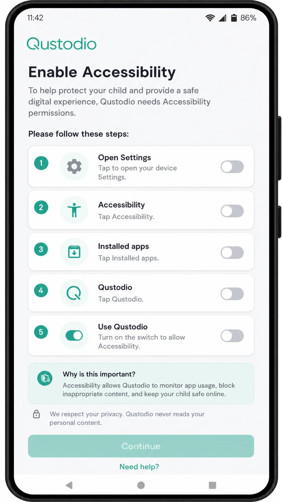 Qustodio setup screen on an Android phone requesting accessibility permissions, with a step-by-step toggle list a parent must enable during installation.