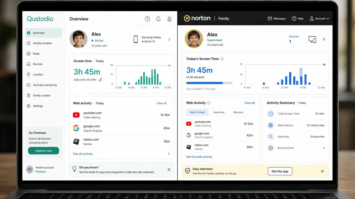 Side-by-side comparison of the Qustodio parent dashboard and the Norton Family dashboard on a laptop screen, both showing a child profile with daily screen time and web activity summaries.