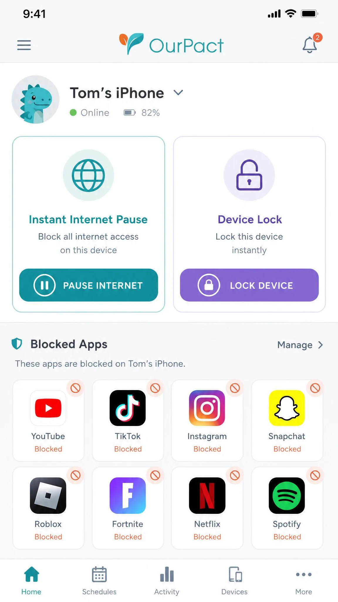 OurPact parent app showing the instant internet pause and device lock controls with a grid of blocked child apps below.