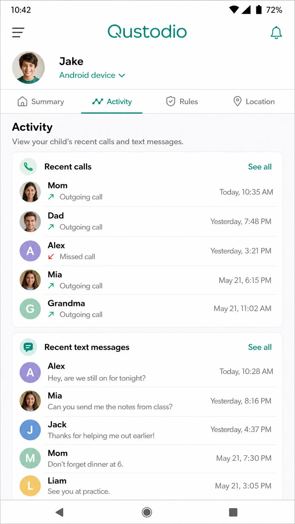 Qustodio Android activity screen listing recent calls and text-message contacts with timestamps.