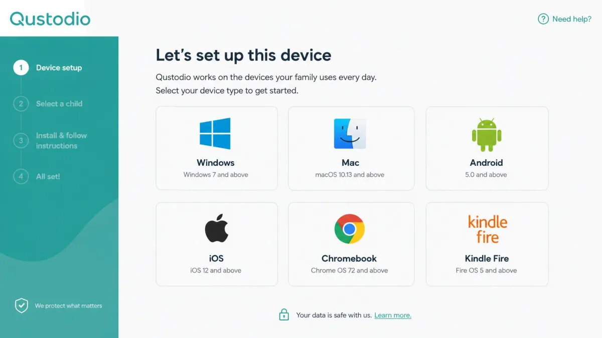 Qustodio device setup screen listing Windows, Mac, Android, iOS, Chromebook, and Kindle Fire as supported platforms.