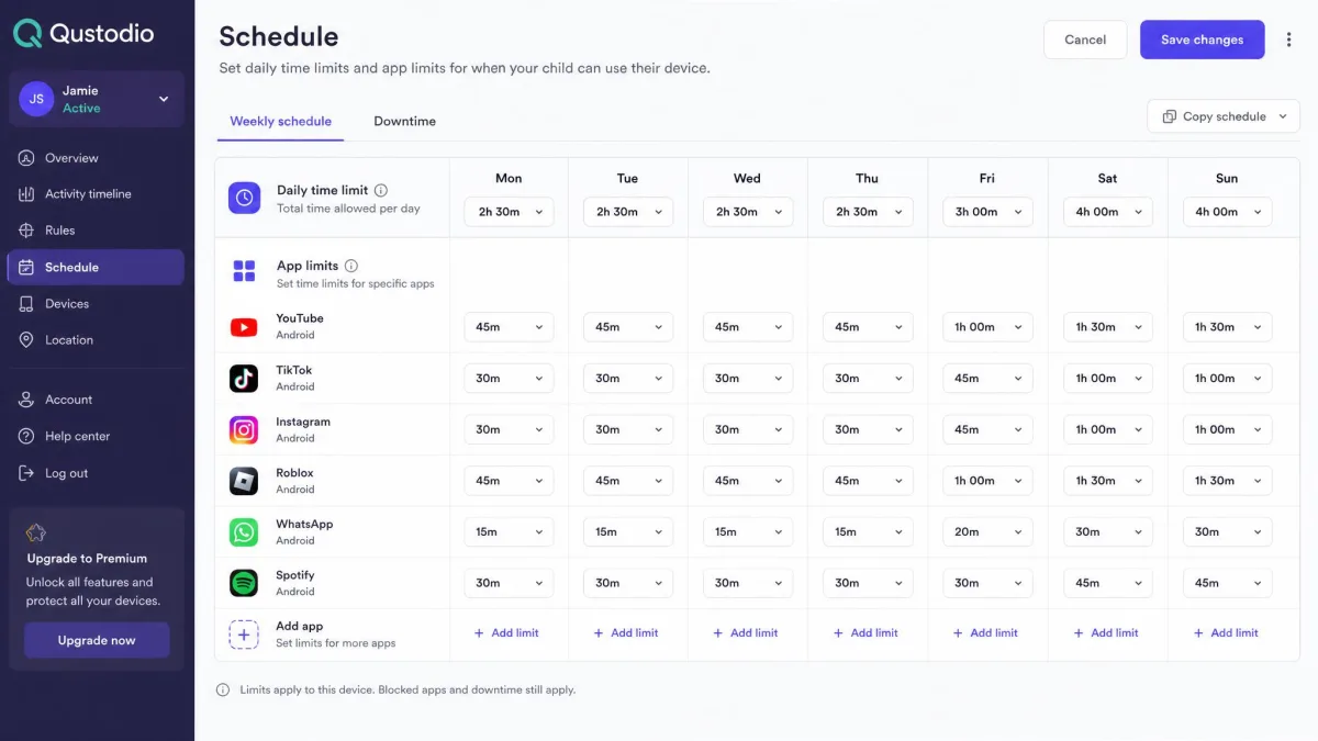 Qustodio schedule editor showing daily time limits and per-app caps across a weekly grid.