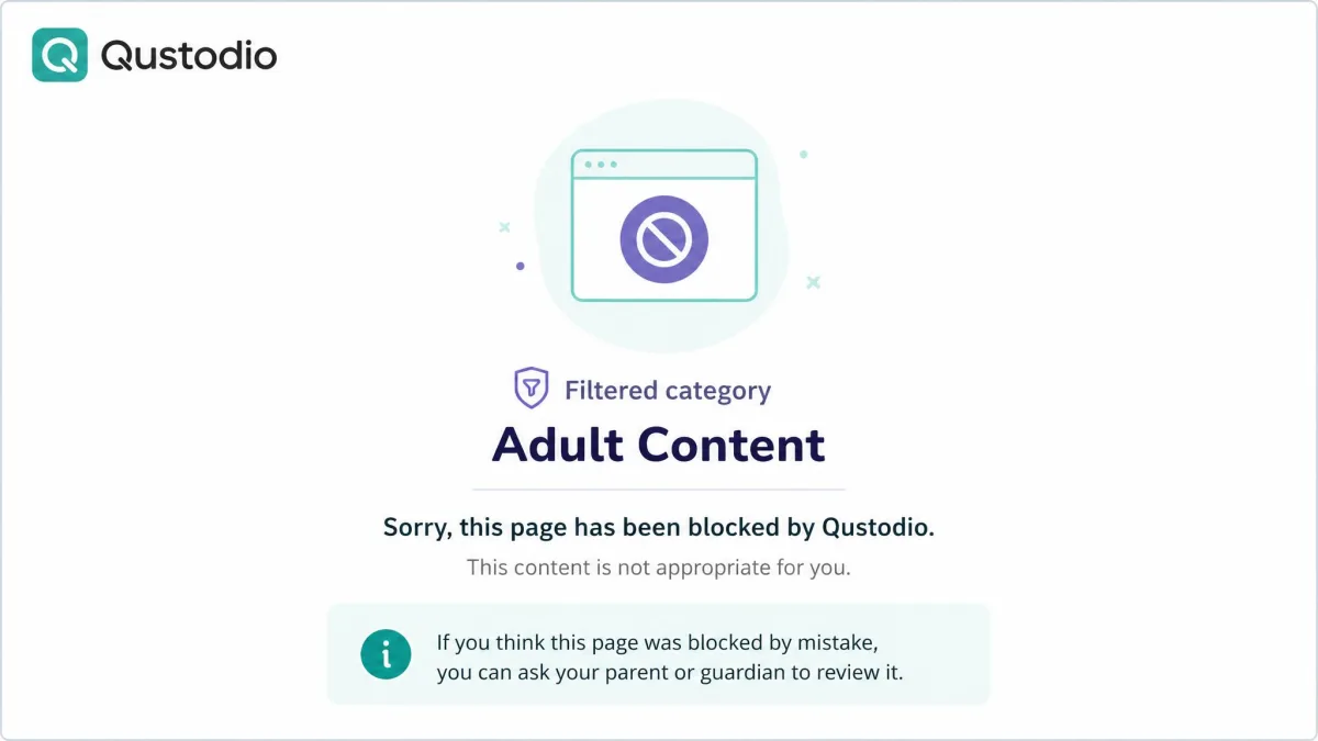 Qustodio blocked-page screen showing a filtered adult category with the category name and a block message.