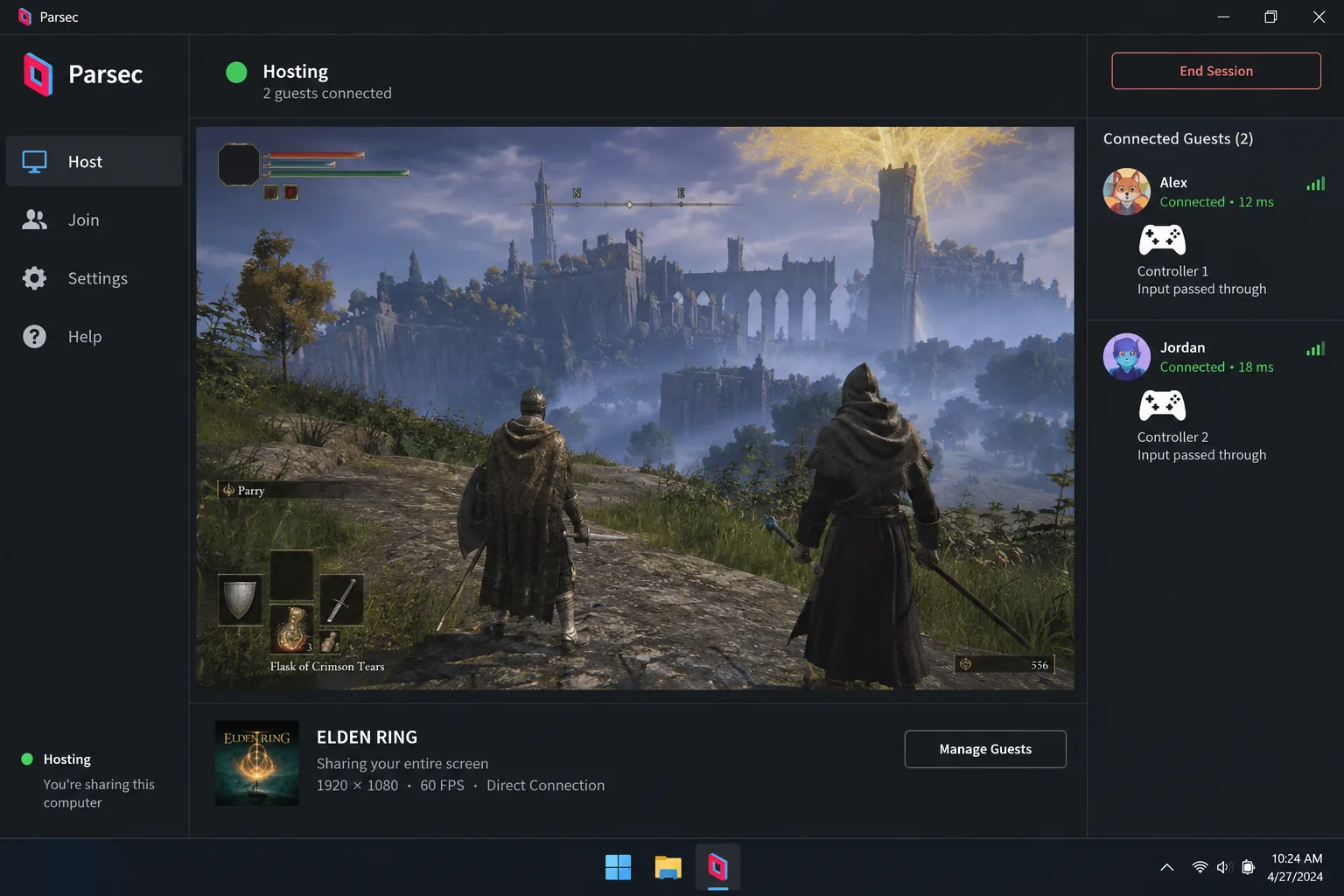 Parsec's host window on Windows showing a shared co-op session with two connected guests, each with a gamepad icon showing controller input is passed through.