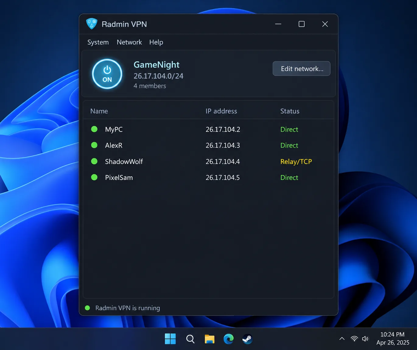 Radmin VPN's main window on Windows 11 showing a gaming network with four members, one of them marked Relay/TCP instead of a direct connection.