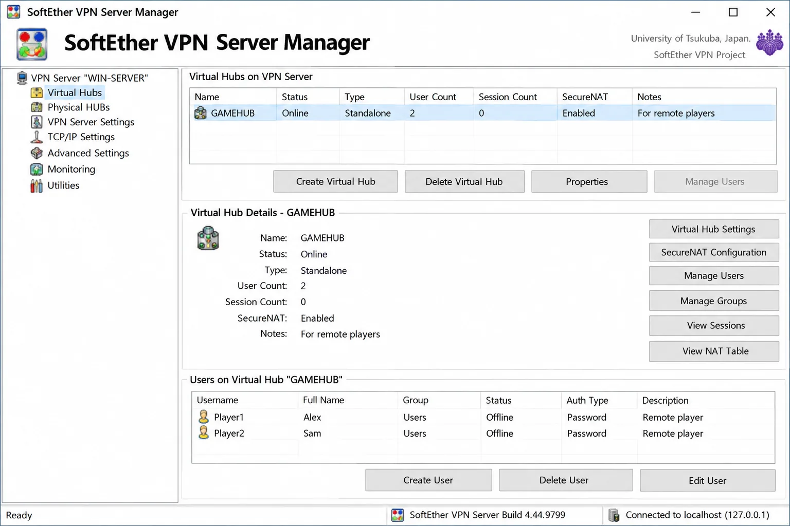 SoftEther VPN Server Manager on Windows showing a single Virtual Hub with SecureNAT enabled and two user accounts created for remote players.