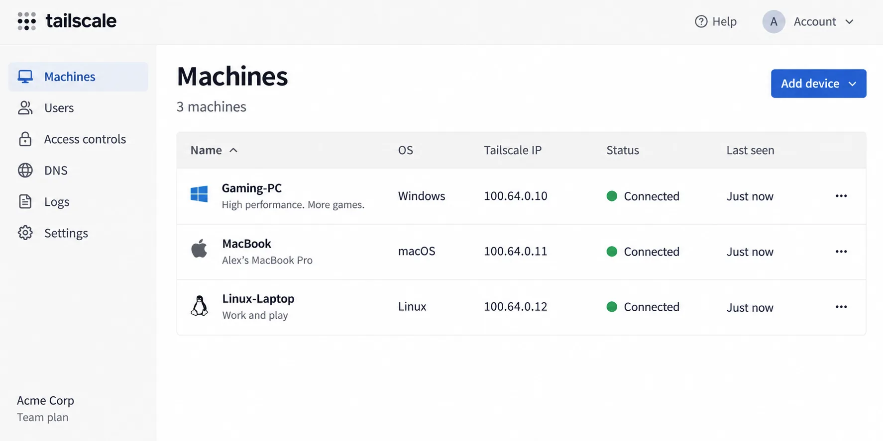A Tailscale admin console listing a Windows gaming PC, a MacBook and a Linux laptop, each with a 100.x Tailscale IP address and a Connected status.