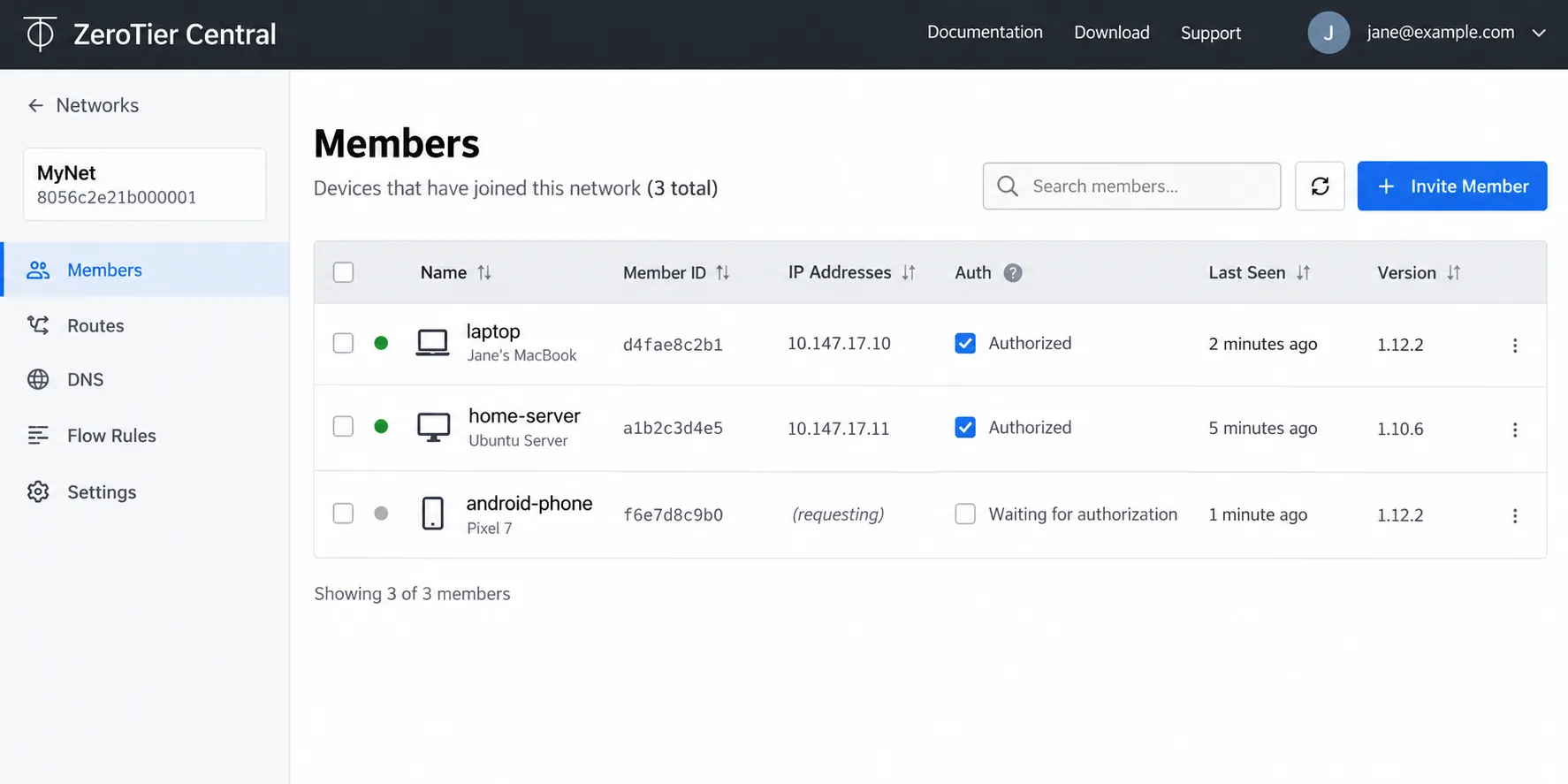The ZeroTier Central web console's Members list with three devices, two authorized and one waiting for the Auth checkbox to be ticked.