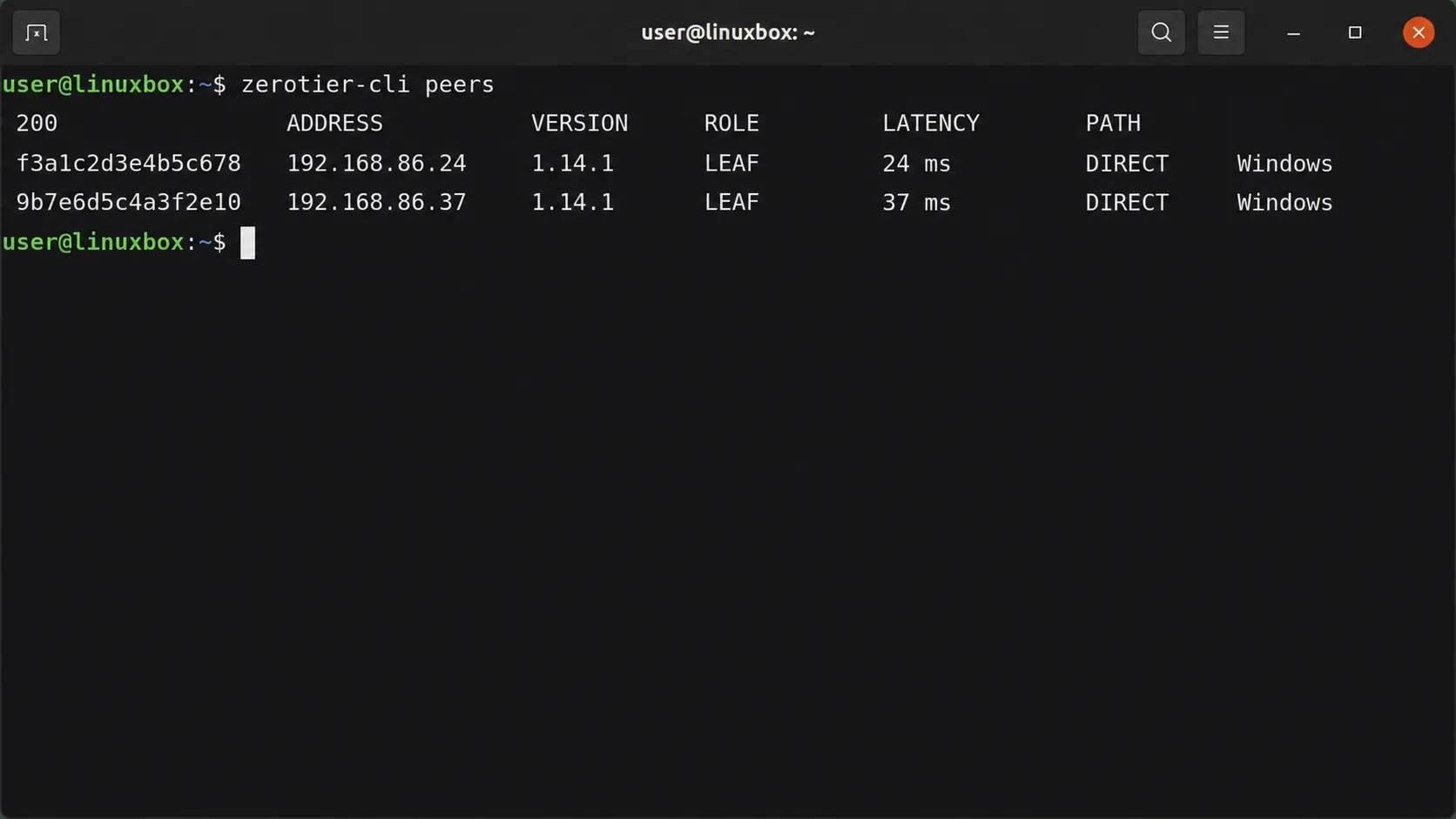 A Linux terminal running zerotier-cli peers, listing two Windows peers with DIRECT status and their latency in milliseconds.