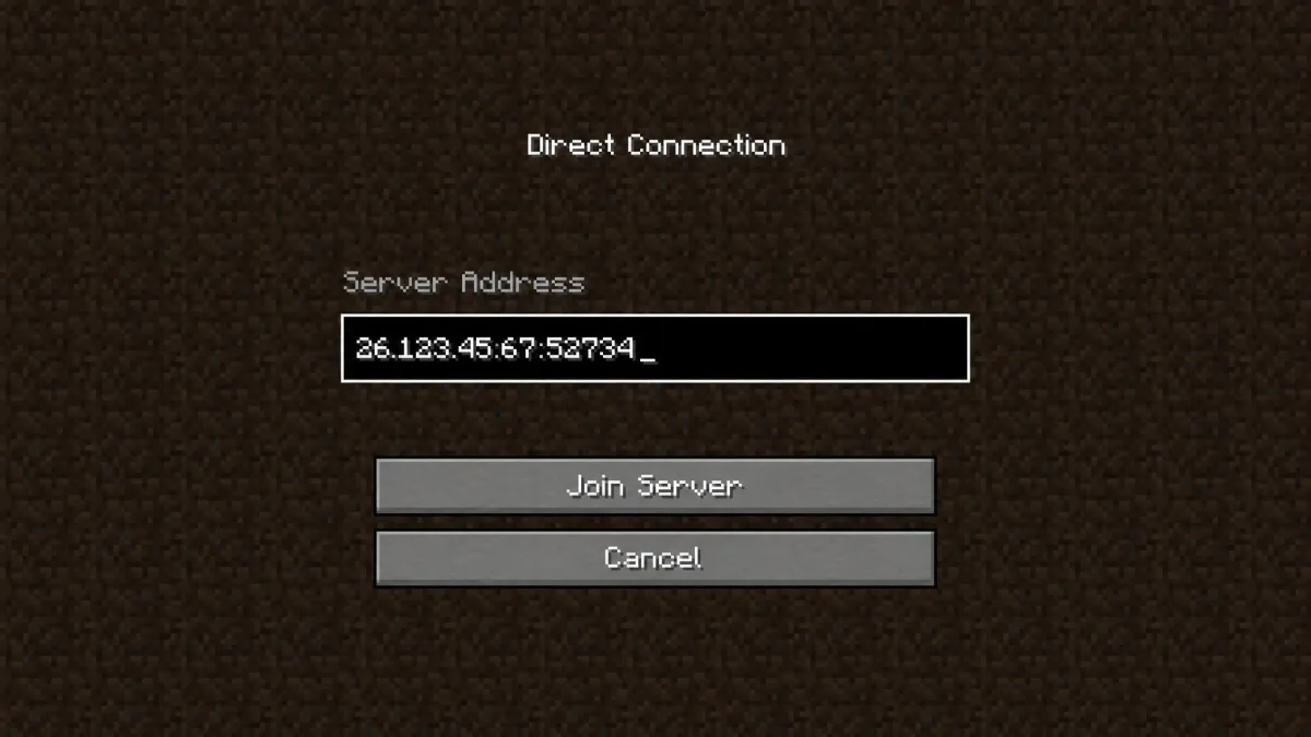 Minecraft's Direct Connection screen with a Radmin VPN address in the 26.x.x.x range followed by a colon and a five-digit LAN port typed into the Server Address box.