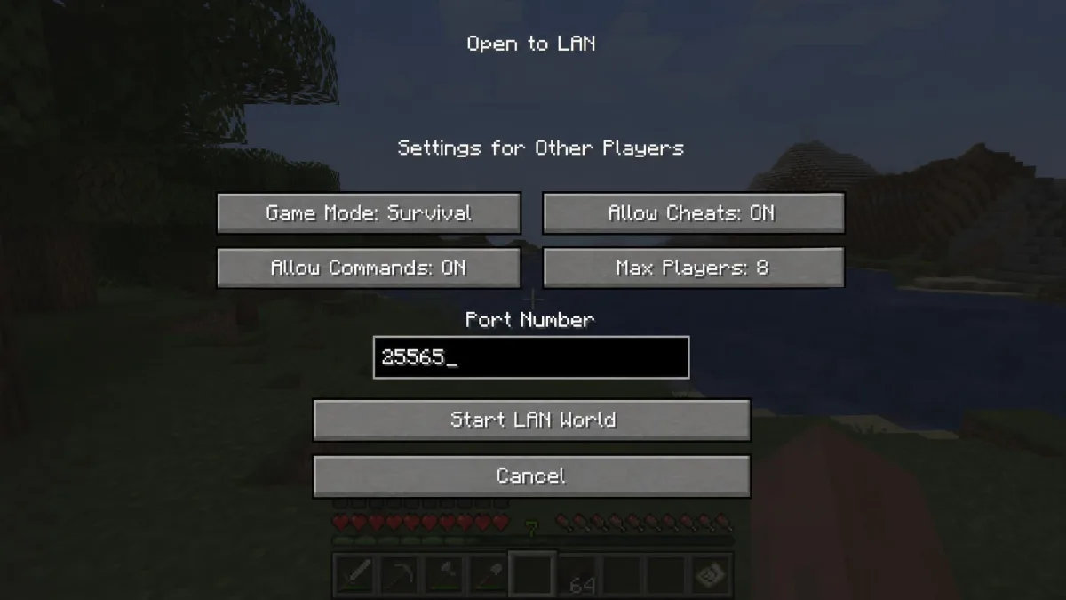Minecraft Java Edition's Open to LAN screen with the game mode set to Survival, commands allowed, and a fixed port number typed into the Port Number field above the Start LAN World button.