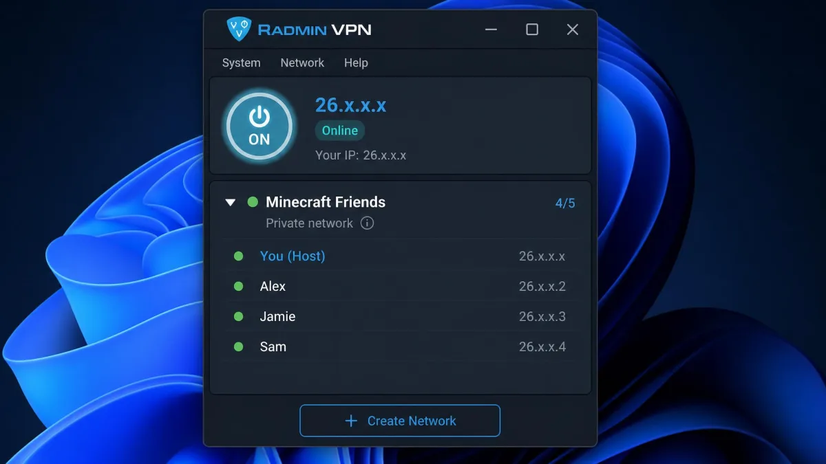 The Radmin VPN main window on Windows, showing the user's 26.x.x.x IP address at the top and a private Minecraft network listing three connected friends.