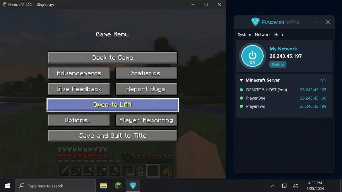 Minecraft's pause menu with the "Open to LAN" button highlighted, next to the Radmin VPN tray window showing the host's private IP address used by other players to join.