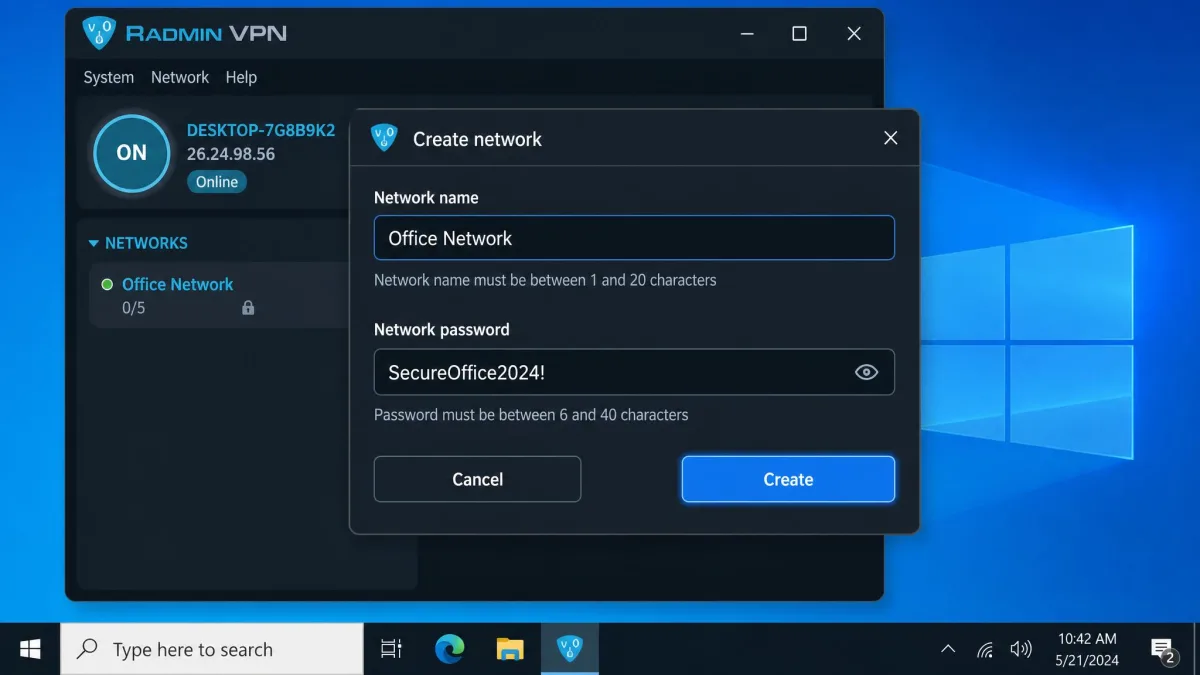 Radmin VPN's Create network dialog box open on Windows, with fields for network name and network password filled in and a Create button highlighted at the bottom.