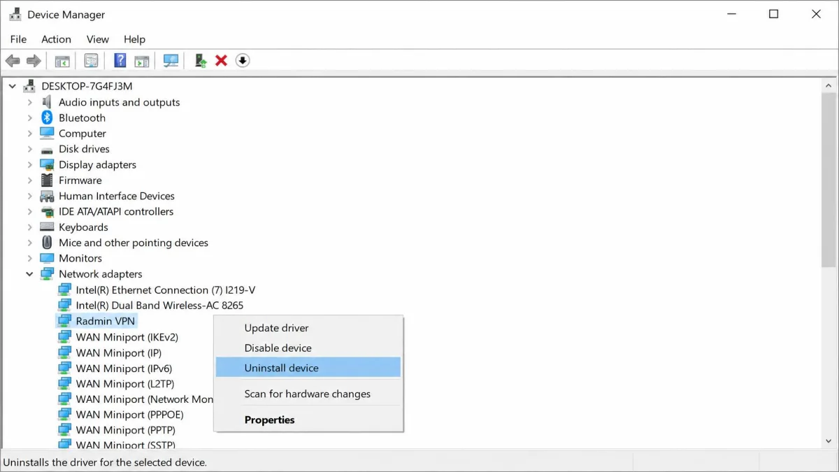 Windows Device Manager open to the Network adapters section, with a leftover "Radmin VPN" virtual network adapter highlighted and a right-click menu showing the Uninstall device option.