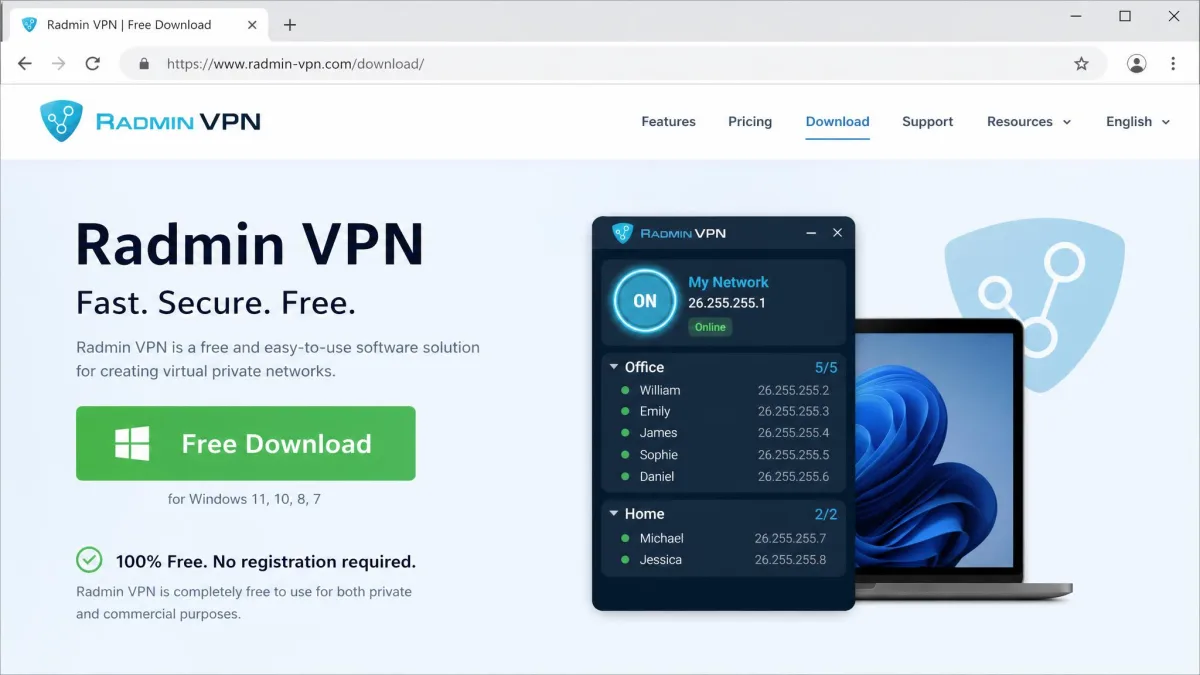 The official Radmin VPN download page in a web browser showing the free download button and a note that the software is free with no registration required.