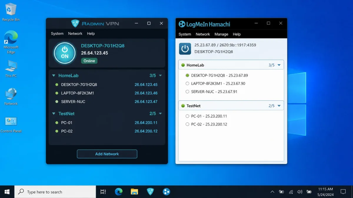 A Windows desktop showing Radmin VPN and LogMeIn Hamachi client windows open side by side, both connected to virtual networks, for a direct interface comparison.