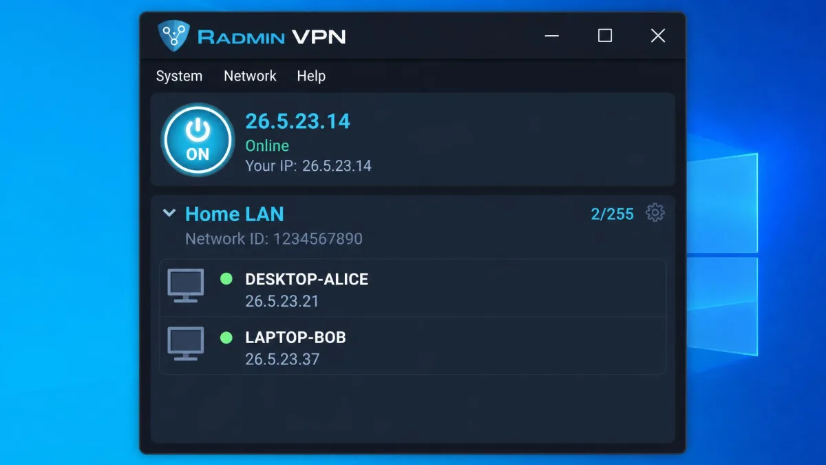 Radmin VPN's main Windows window showing one connected virtual network named "Home LAN" with two peer computers listed, each displaying a green status dot and a 26.x.x.x private IP address.