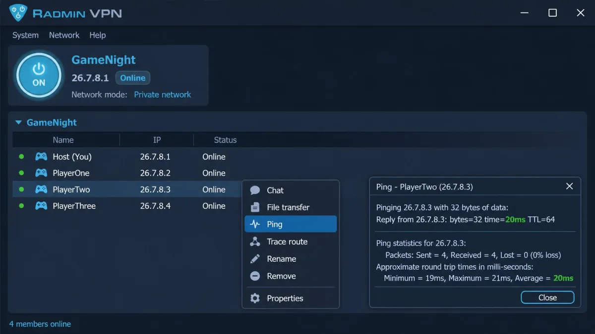 Radmin VPN network view listing four connected players, with a right-click context menu open showing "Ping" selected and a small results box reading roughly 20 milliseconds for one peer.