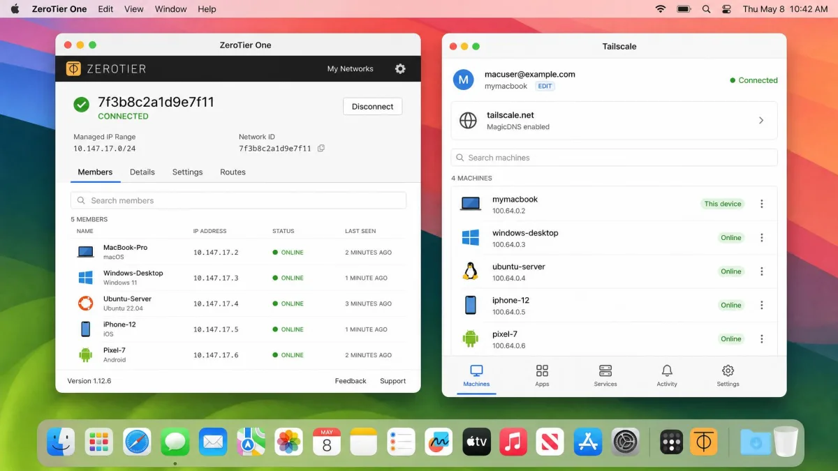 Side-by-side ZeroTier and Tailscale app windows running on macOS, each showing a connected network with peer devices, illustrating cross-platform Radmin VPN alternatives for Mac users.