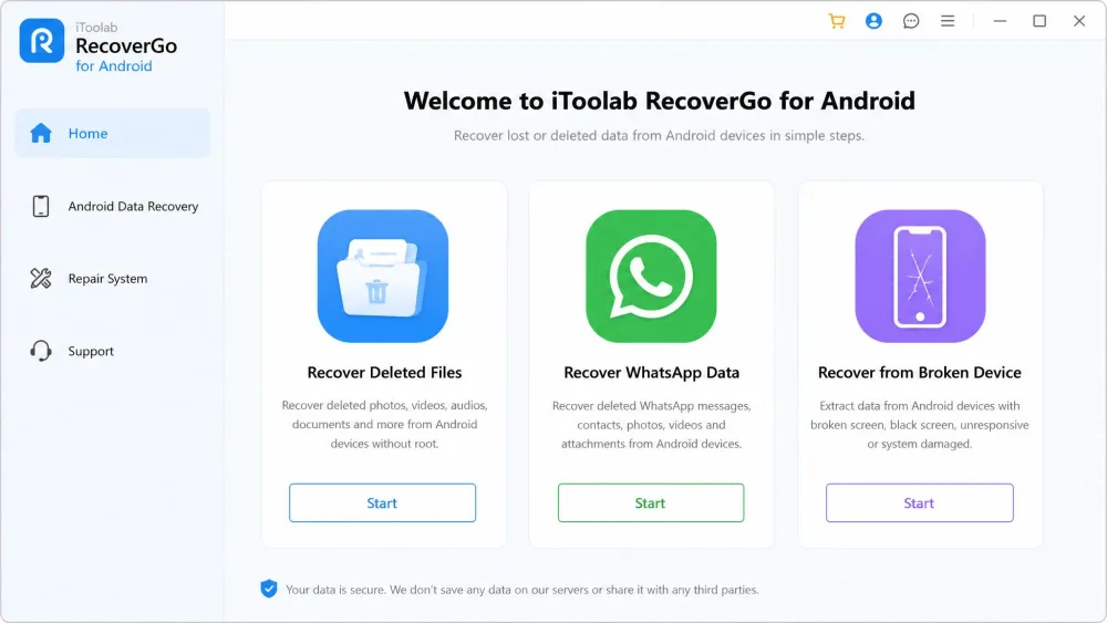 The iToolab RecoverGo for Android main dashboard on Windows showing recovery mode tiles for deleted files, WhatsApp data, and broken-device recovery.