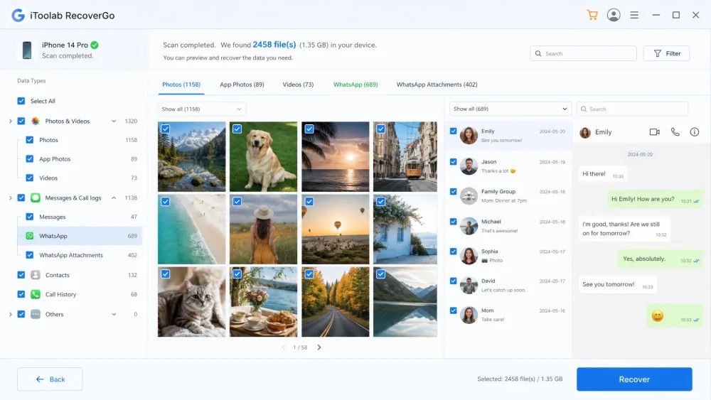 The iToolab RecoverGo scan results screen listing recoverable photos and WhatsApp messages as thumbnails with checkboxes for selective recovery.