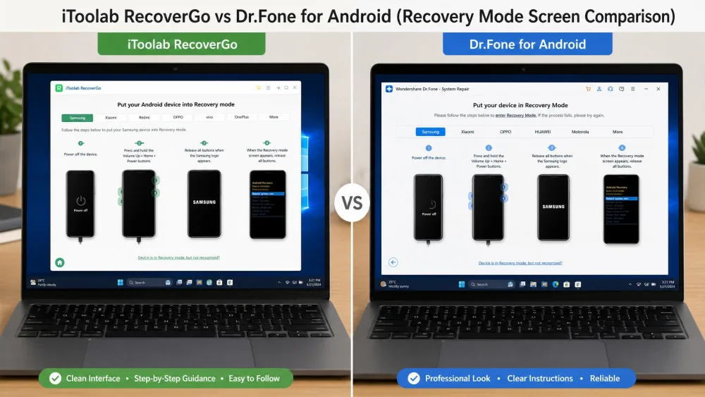 A side-by-side comparison of iToolab RecoverGo and Dr.Fone for Android recovery-mode screens on two Windows laptops during testing.
