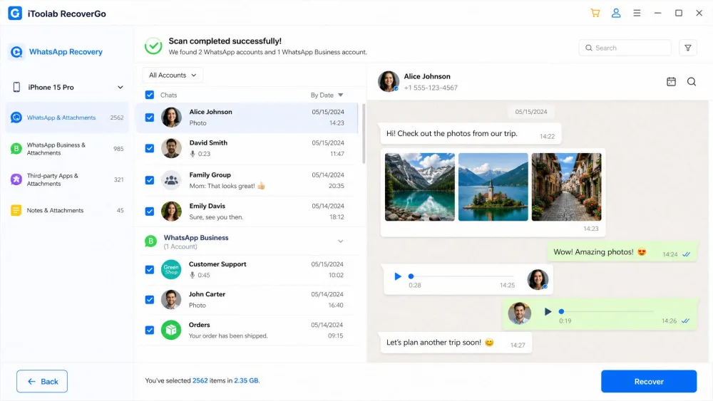 The iToolab RecoverGo WhatsApp recovery screen showing recovered WhatsApp and WhatsApp Business chats with attached photos and voice notes in the preview pane.