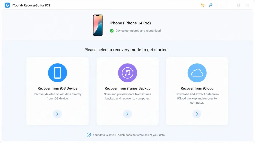The iToolab RecoverGo for iOS home screen on Windows showing the three recovery mode tiles, Recover from iOS Device, Recover from iTunes Backup, and Recover from iCloud, with a connected iPhone detected at the top.