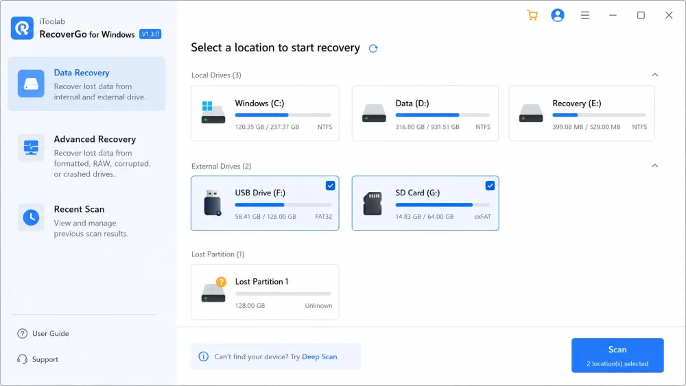 The iToolab RecoverGo for Windows V1.3.0 main dashboard showing detected drives and partitions, with an external USB drive and SD card selected as the scan location.