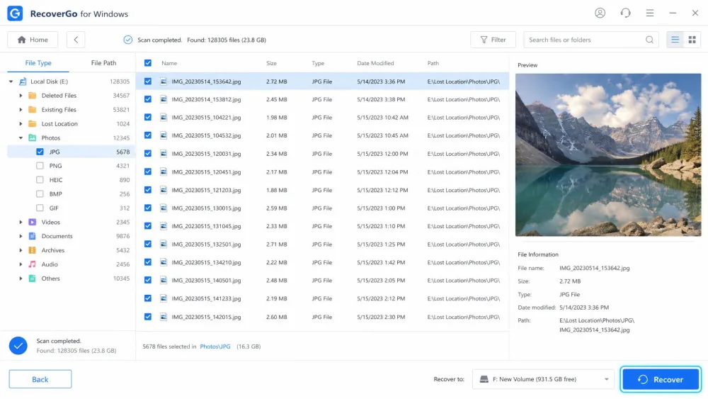 RecoverGo for Windows file preview screen showing a thumbnail of a recovered JPG photo on the right, a checkbox-selected file list in the center, and the highlighted Recover button ready to restore to a separate drive.