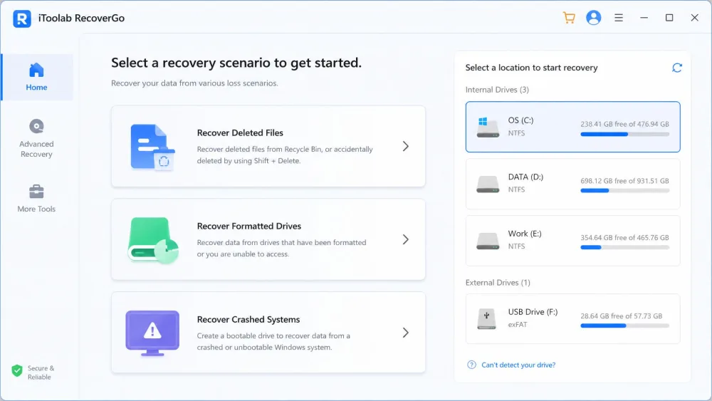 The iToolab RecoverGo Windows dashboard showing recovery-scenario tiles for deleted files, formatted drives, and crashed systems, with a drive-selection panel on the right.