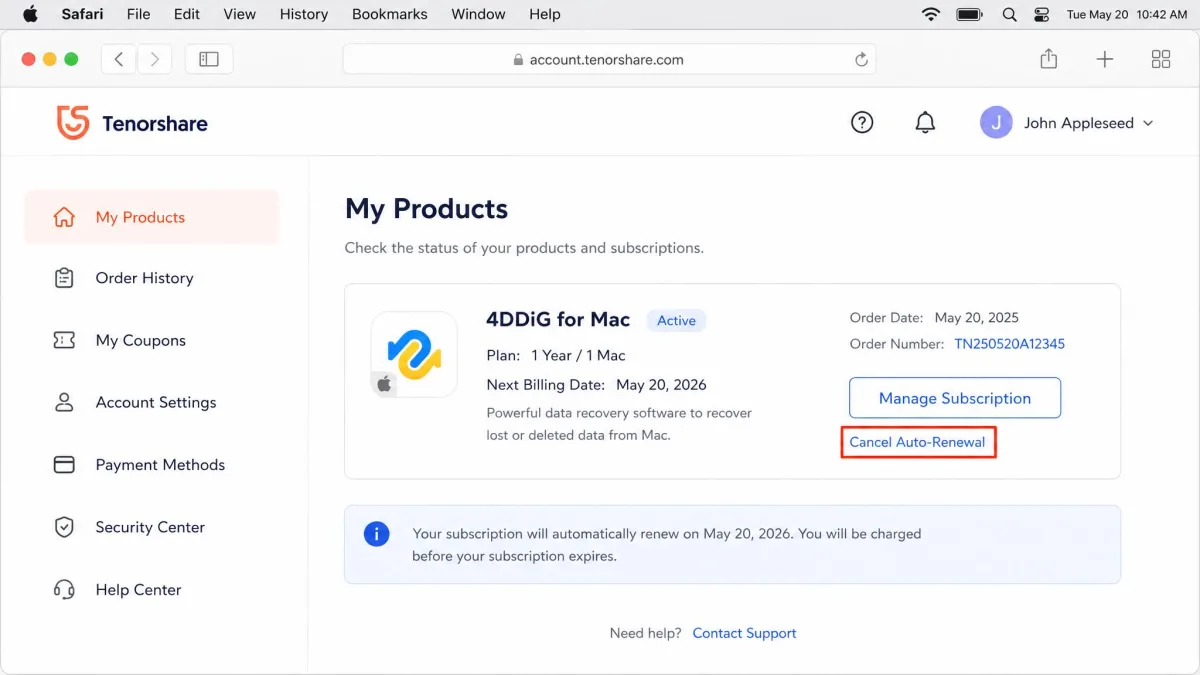 The Tenorshare web account dashboard open in Safari showing an active 4DDiG for Mac subscription with the cancel auto-renewal link highlighted.