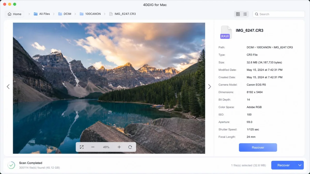 4DDiG for Mac preview window displaying a full-size recovered camera RAW photograph, with file name, size and modified date shown in a details panel beside it.