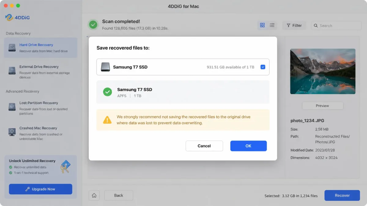 4DDiG for Mac save dialog with an external SSD selected as the recovery destination and a warning line advising against saving to the original drive.