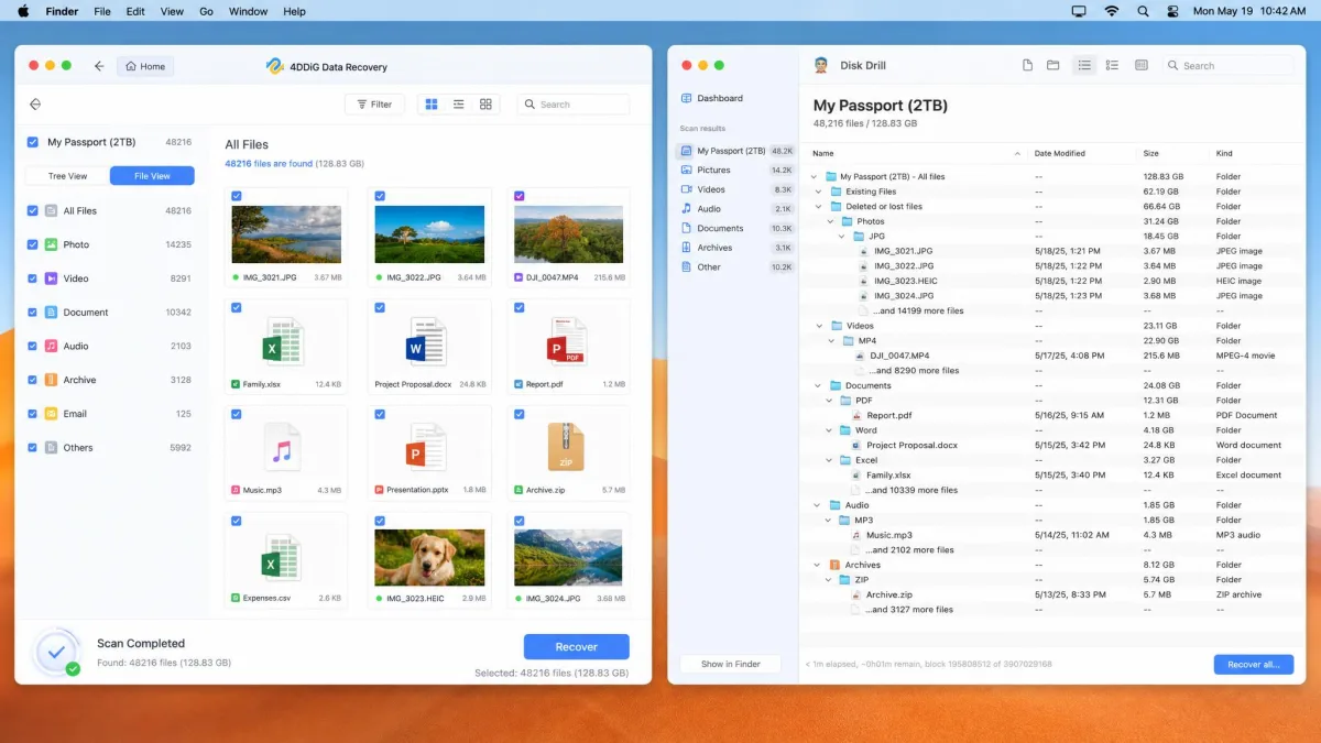 Two Mac windows side by side, 4DDiG's results grid on the left and Disk Drill's file tree on the right, both showing recovered files from the same external drive.