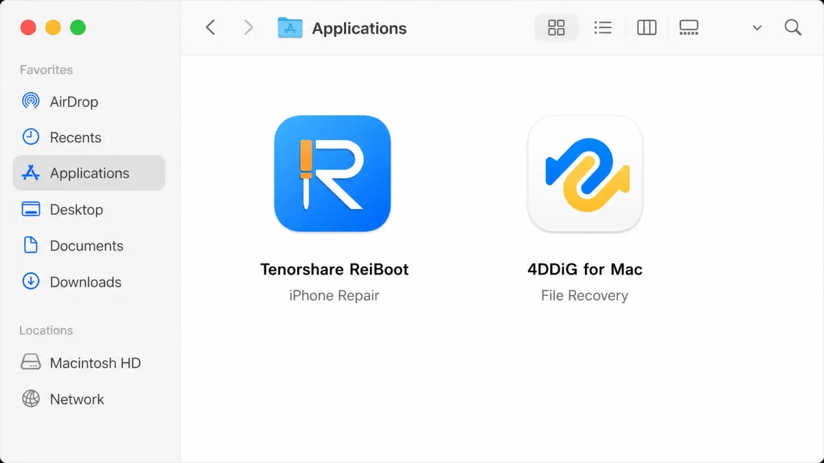 The Tenorshare ReiBoot and 4DDiG for Mac app icons side by side in a macOS Applications folder, with ReiBoot labelled for iPhone repair and 4DDiG for Mac file recovery.
