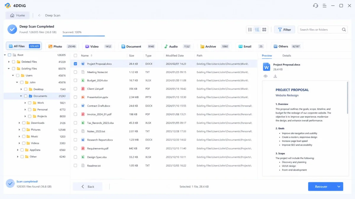 4DDiG deep scan results screen with the recovered folder tree on the left, file type filters across the top and a document preview pane open on the right.